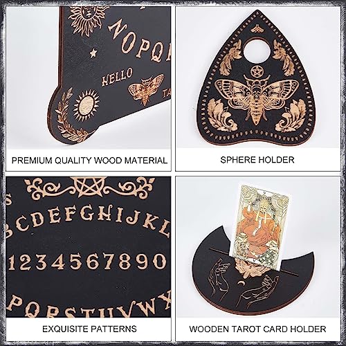 CREATCABIN 3Pcs Wooden Spirit Board Kit Tarot Card Stand Holder Moth Divination Board Set including Planchette Black Altar Card Display Stand Rectangle Talking Board for Witch Board Divination Tools - Image 3