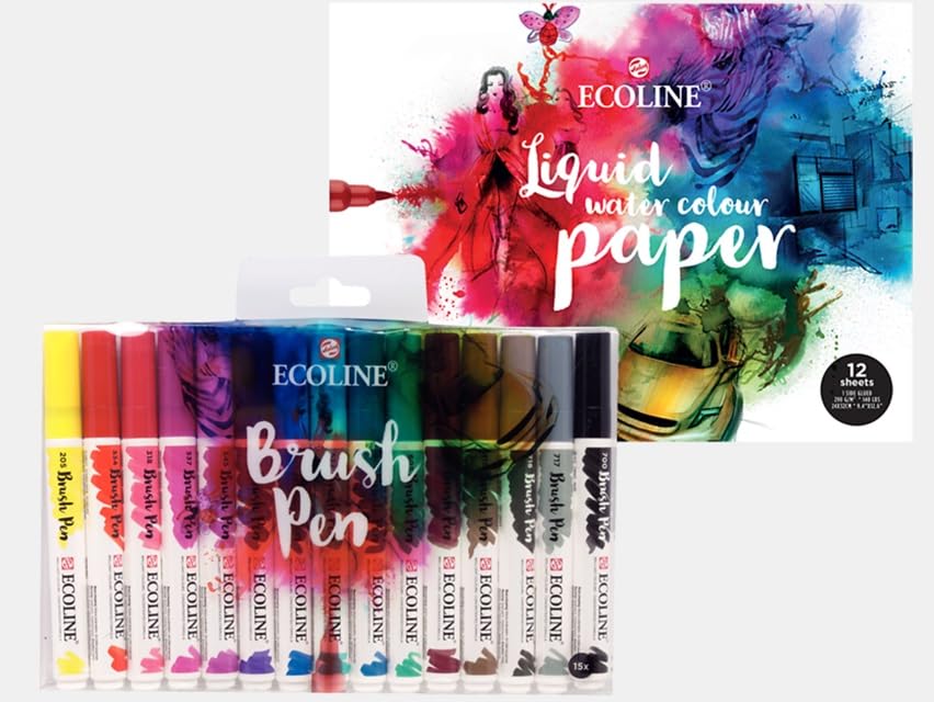 Ecoline Juego de pinceles y papel, 15 estuches + bloc de bocetos de 24 x 32 cm, 290 g/m², paquete de ahorro