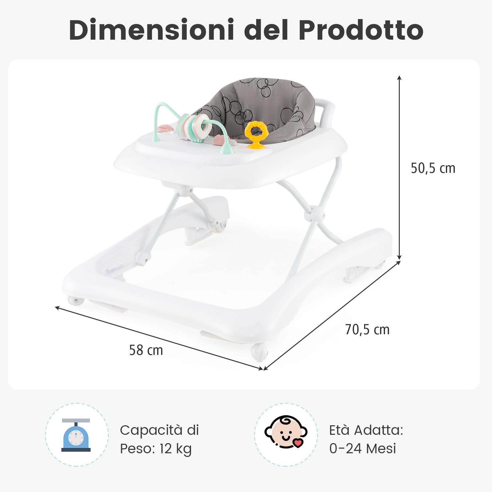 RELAX4LIFE Girello Pieghevole per Bambini, con 3 Altezze Regolabili, Piastra Giocattolo Rimovibile, Cuscino Morbido, Ruote Lisce, Anti-ribaltamento (GRIGIO)