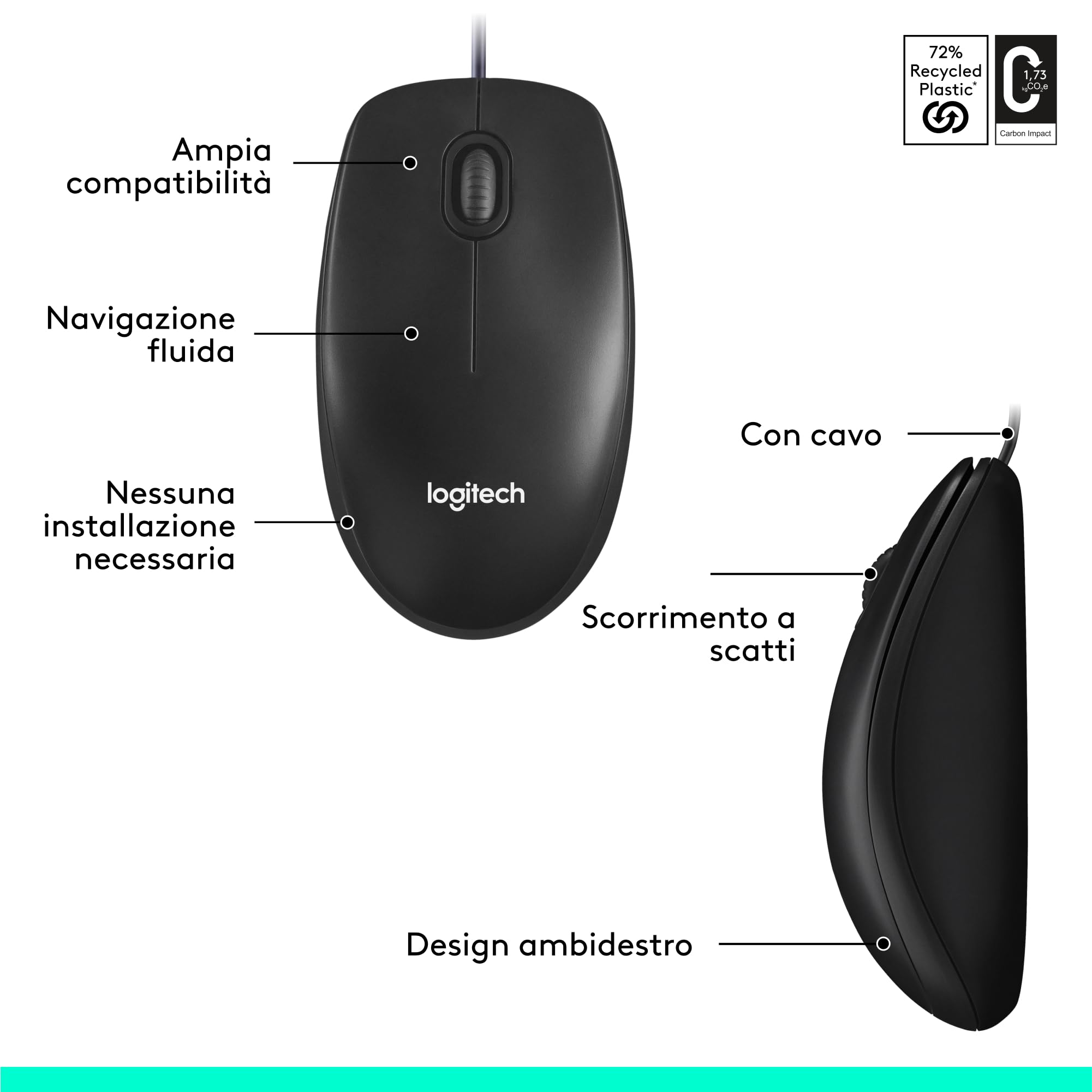 Logitech M100 Mouse USB con Cavo, 3 Pulsanti, Tracciamento Ottico 1000 DPI, Ambidestro, Compatibile con PC, Mac, Laptop, Nero