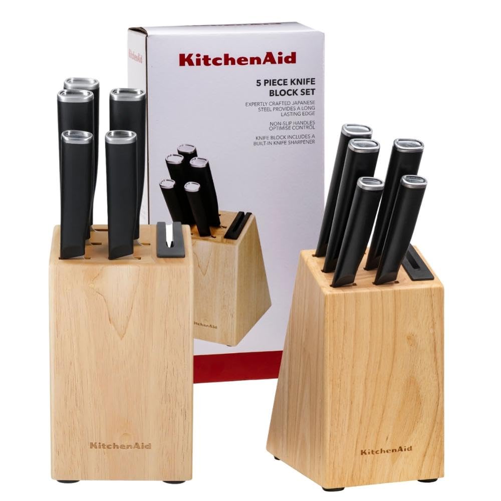 Rackhams Classic 5-Piece Japanese Steel Knife Set With Sharpener And Rubberwood Block - Wood - Metal - Knife Blocks