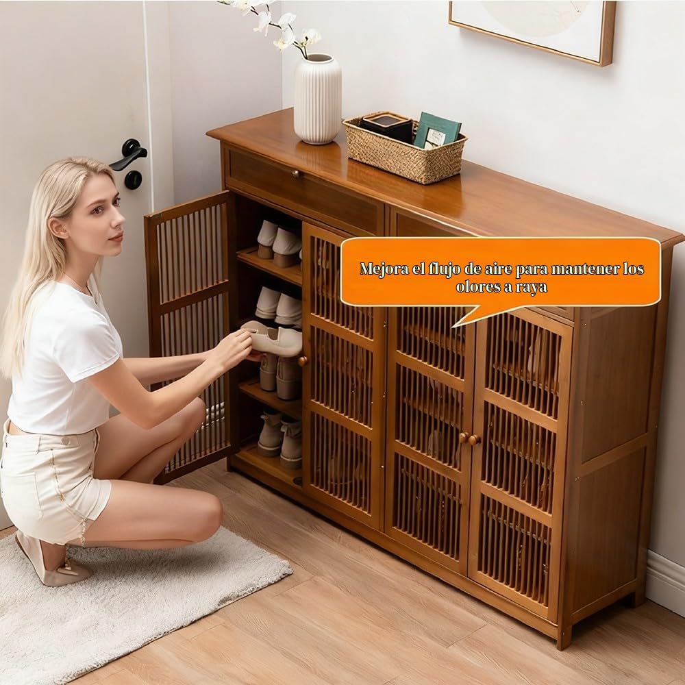 Armario Zapatero de Bambú Estilo Chino Moderno | 4 Niveles, Cajón Abatible y 4 Puertas Ventiladas + 2 Cajones Inferiores | para Recibidor, Pasillo y Hogares (Marrón, 130x35x100cm)