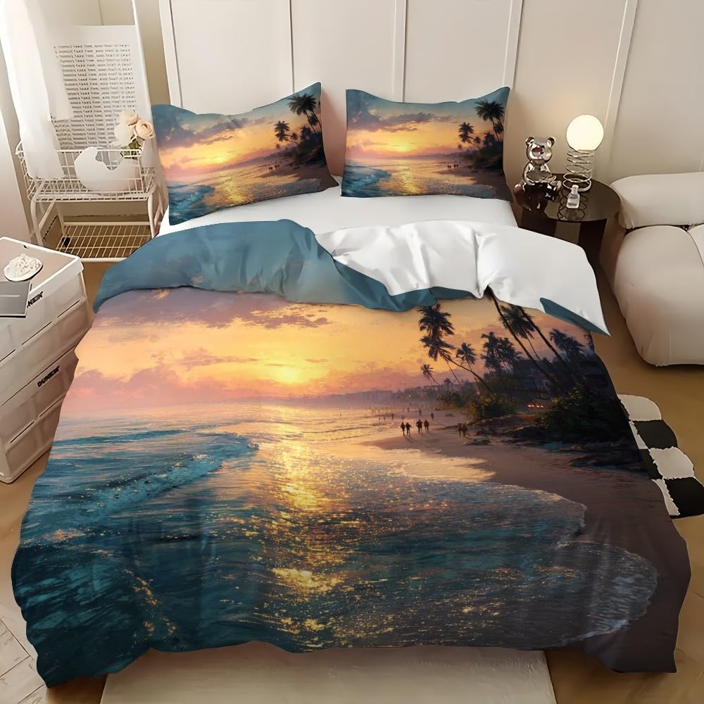 Housse de couette 200x200 bleu parure de lit coucher de soleil taies d'oreiller