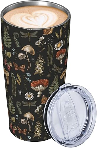 Miniatura 9 de Vaso aislado vintage con diseño de hongos mágicos y hojas de bosque de 20 onzas con tapas y pajita, taza de vacío de acero inoxidable para café,