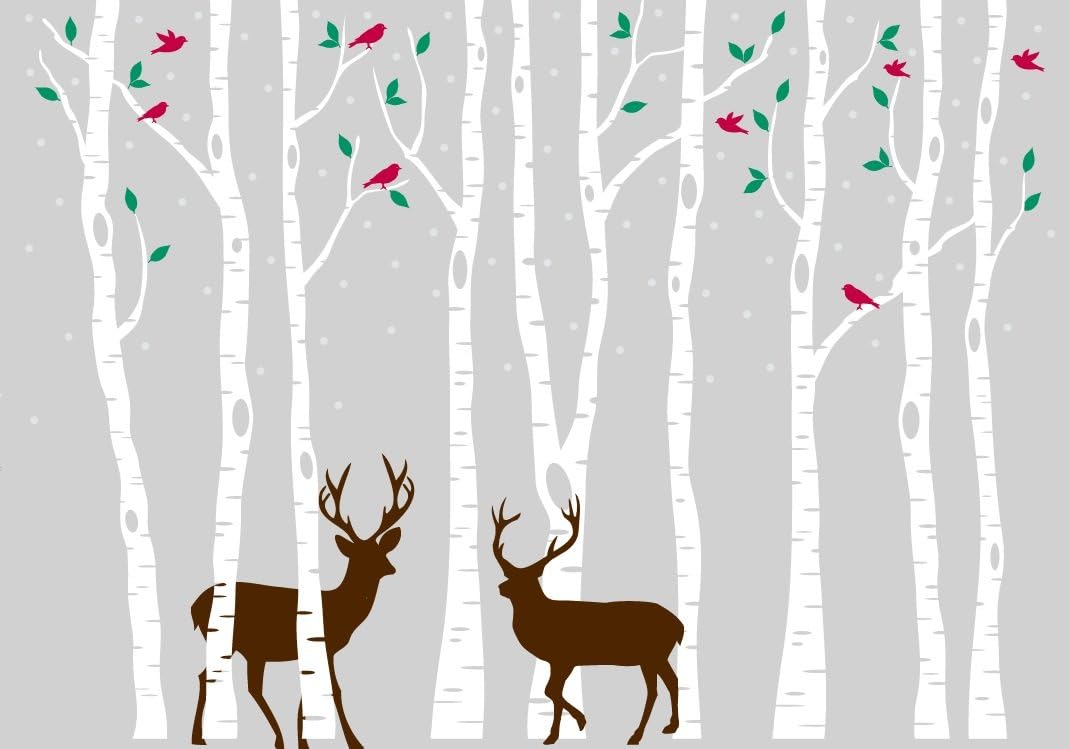 Innovative Stencils Birch Tree Wall Decal Forest with Snow Birds and Deer Vinyl Sticker Removable (9 Trees) #1161 (White Trees - Dark Gray Animals, 96" (8ft) Tall)