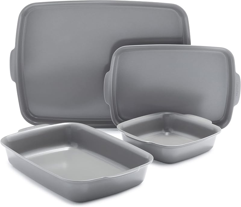 GreenPan Premiere Ovenware Juego de utensilios para hornear antiadherentes de cerámica saludable de 4 piezas, sin PFAS, rectangulares, cuadrados, cuartos, media hoja, sin deformaciones, aptos para horno hasta 600 F, aptos para lavavajillas, gris