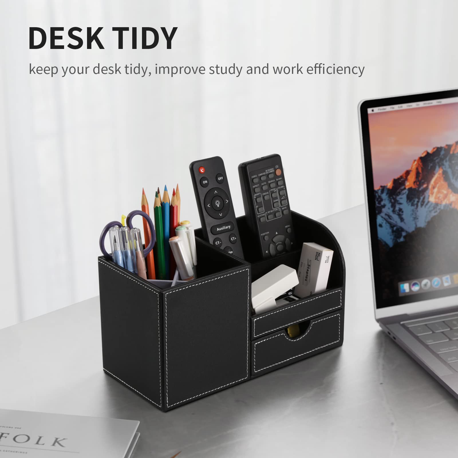 GORESE Organizer da Scrivania - Multifunzionale Portapenne,Portaoggetti da scrivania in elegante pelle PU Nero per Organizzatore di Cancelleria, Biglietti da Visita, Penne,Cellulari (Nero 1)