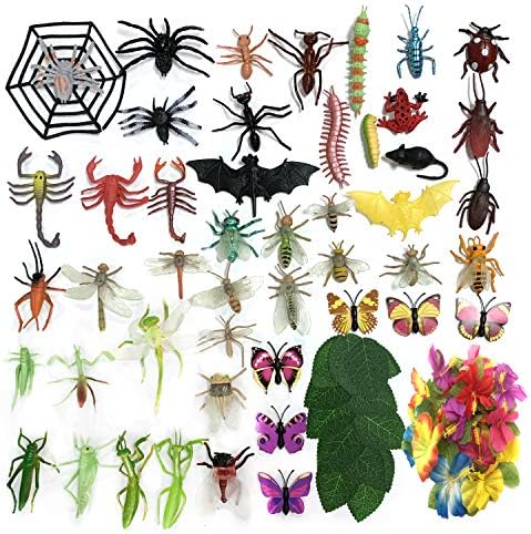 DOITEM 80 Pack Plastic Insect Figures Toys Assorted Insect Bugs Include Multicolored Lifelike Butterfly Small monstera leaves Rose leaves for Children Education, Insect Themed Party, Halloween Toys