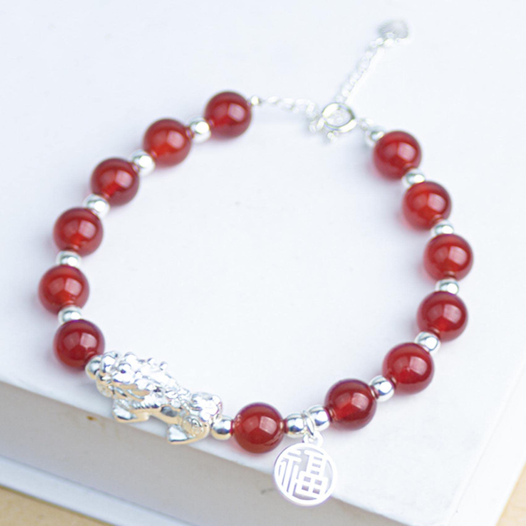 Feng Shui-Armband/Armband, rotes Achat-Armband, Silber, verheißungsvolles Drachen-Armband, verstellbares Kristall-Chakra-Steine-Armband, Amulett, Reichtum, Talisman, Unisex, 6 mm