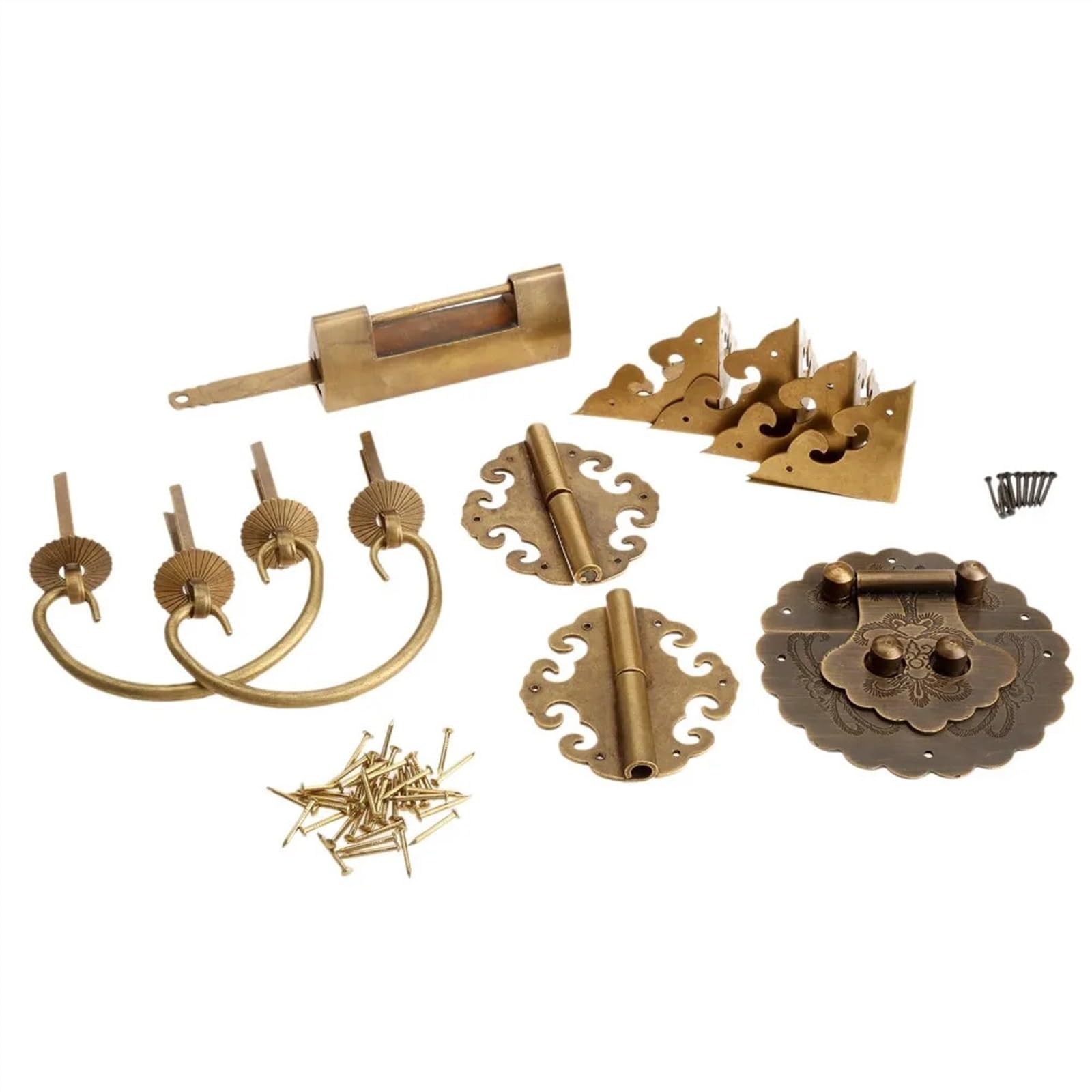 Juego de herrajes for Muebles de latón, perillas y manijas de Caja de Madera, bisagras, pestillo, Cerradura, Pasador en Forma de U y Protector de Esquinas