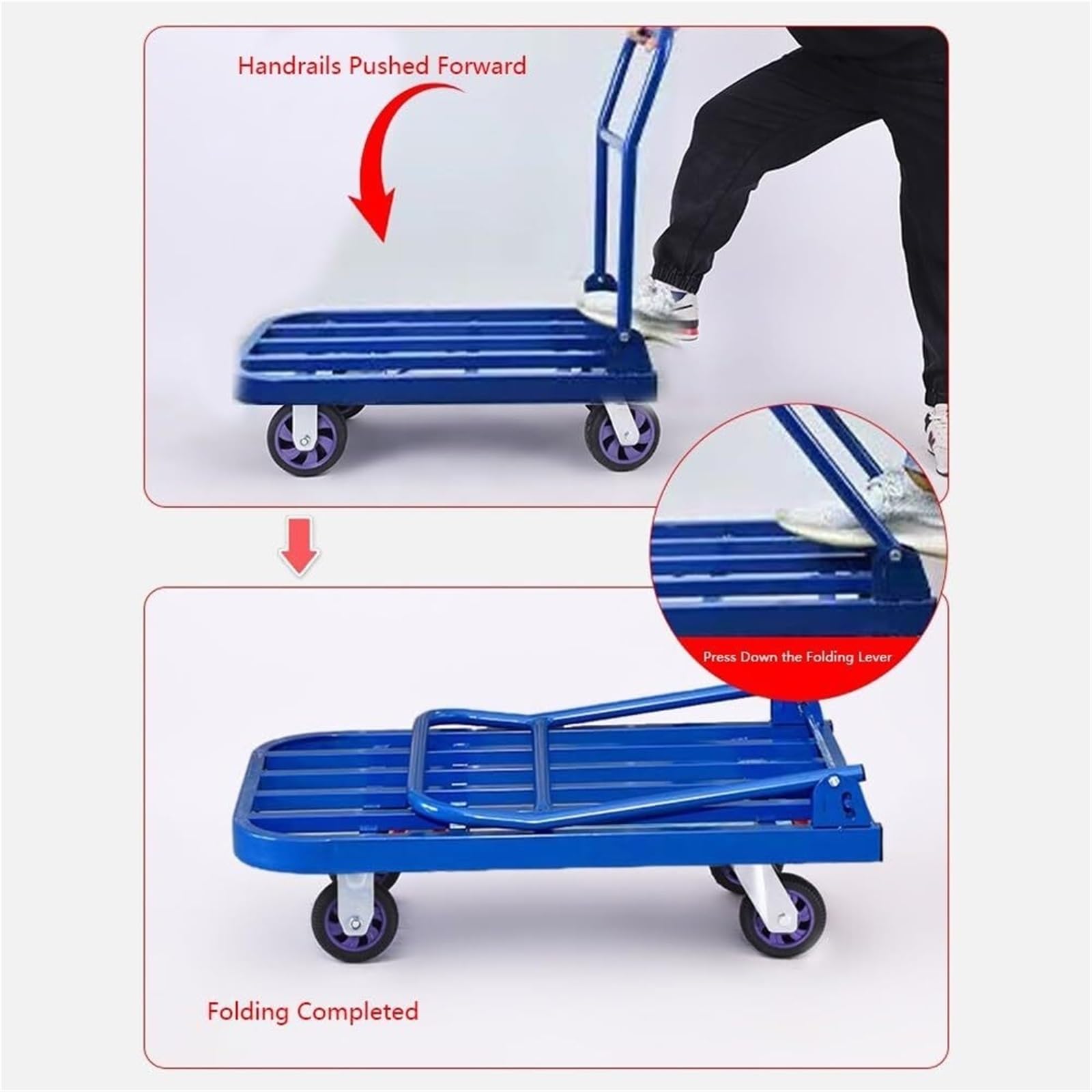 Transportkarre Hubwagen Klappbarer Flachbett-Sackkarre-Einzäunungswagen mit Leitplanken-Gehäuse-Transporter Transporthilfe(60x90x88cm)