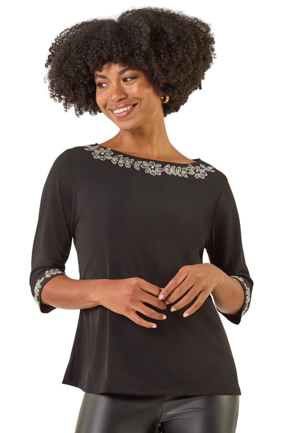 Roman Originals Women's Noir Embellished Neck Stretch Top For Uk - Everyday Autumn Winter Round Neckline Comfy Soft Evening Vacation Work Party Night Out - Size 10