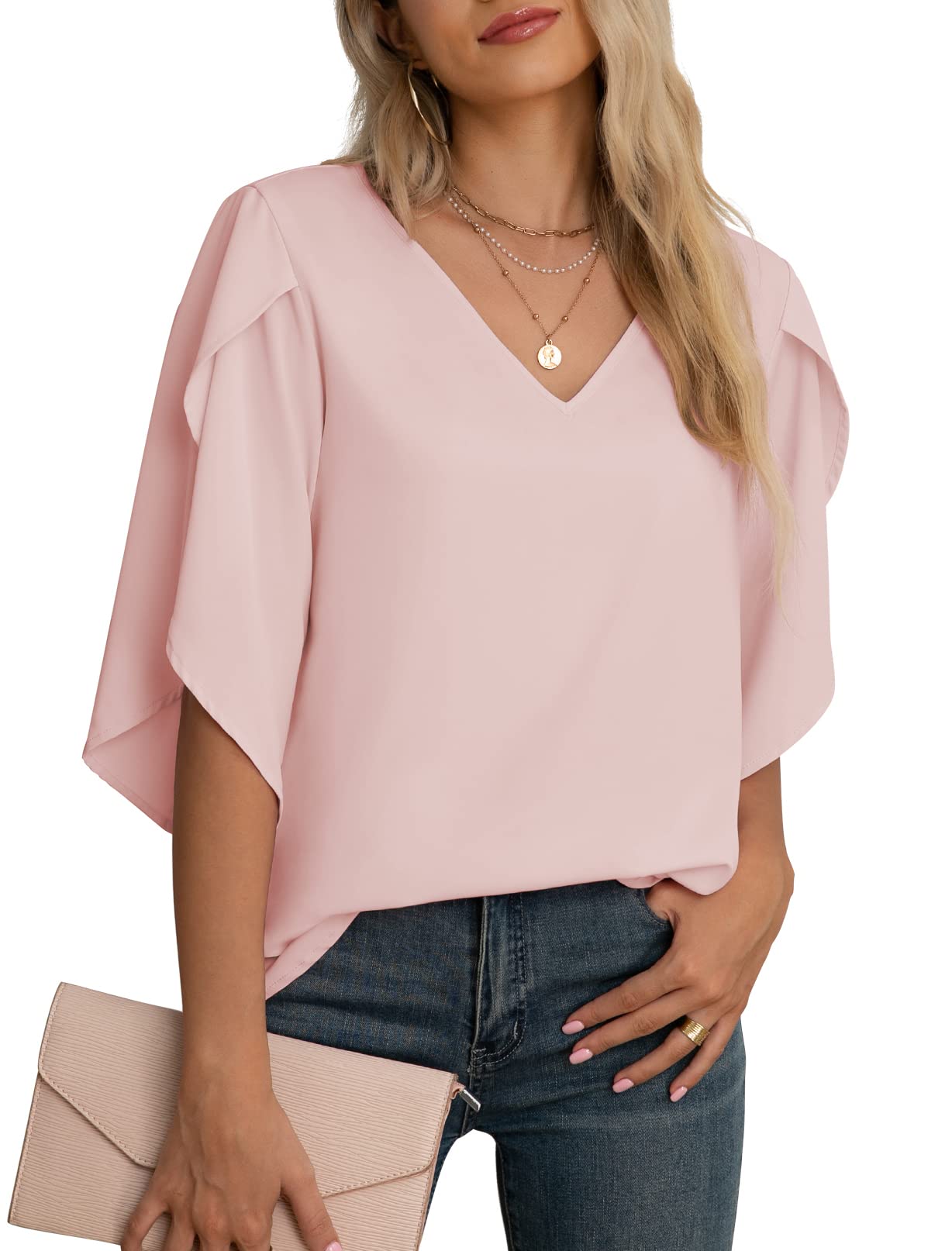 Yommay Chemisier d'été en mousseline de soie pour femme - Élégant et décontracté - Manches 3/4 à volants - Col en V