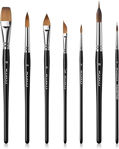 Miniatura 9 de Fuumuui - Juego de 7 pinceles de acuarela Sable con aguja extendida, punta redonda, plana, daga, lengua de gato para acuarela, acrílico, gouache,