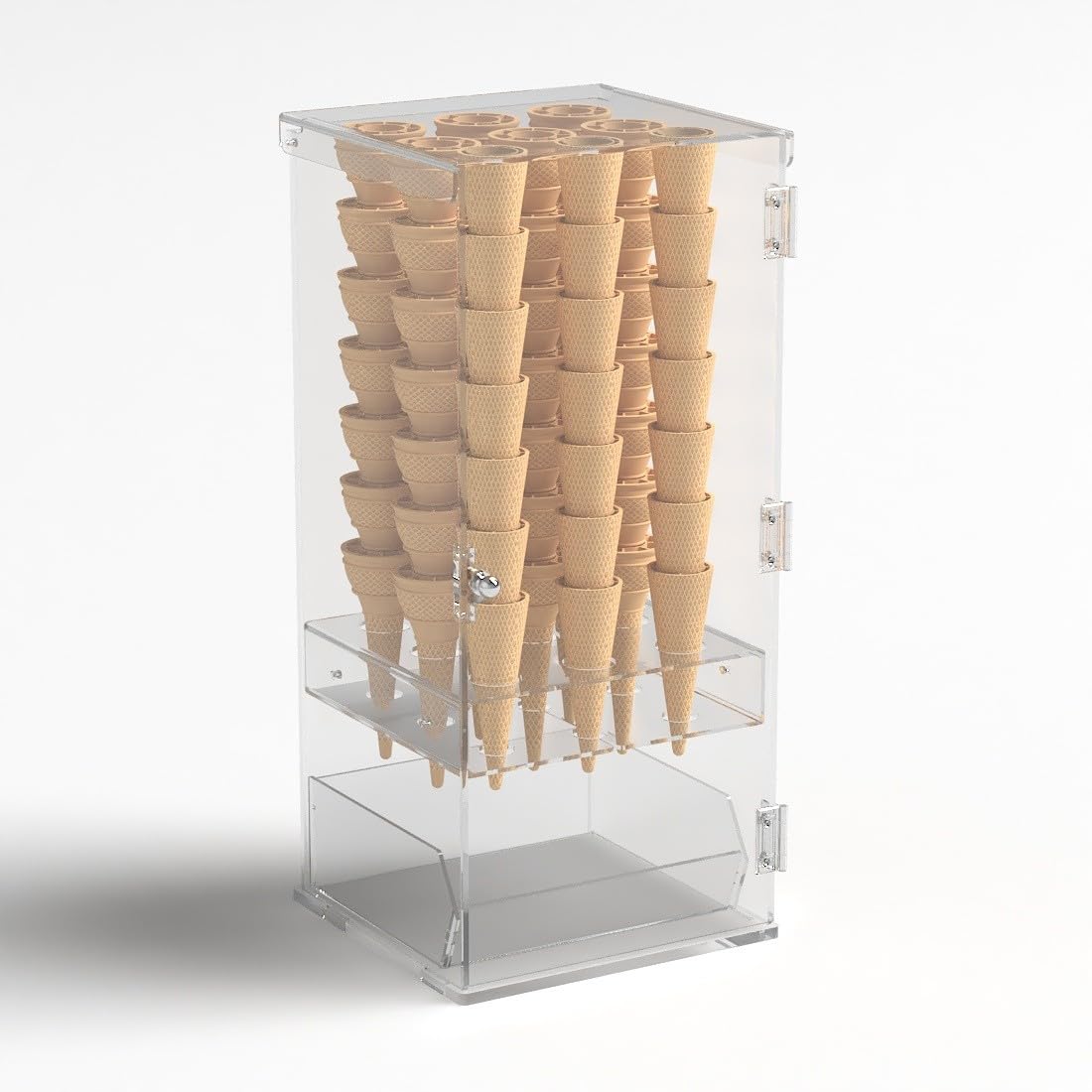 Porta coni gelato in plexiglass trasparente a 9 fori con vaschetta porta cucchiaini e con sportello - Misure: 24 x 23 x H55 cm
