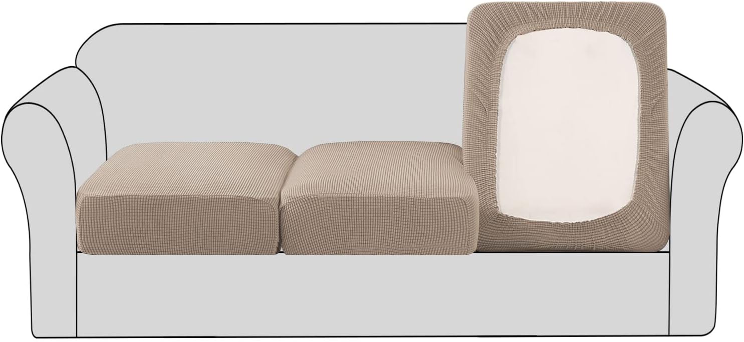 H.VERSAILTEX High Stretch Individual Seat Cushion Covers 3 Pack Thick Jacquard Textured Twill Fabric Sofa Slipcovers for 3 Couch Cushion Washable Couch Cover for Living Room Outdoor Patio,Sand 3 Sand