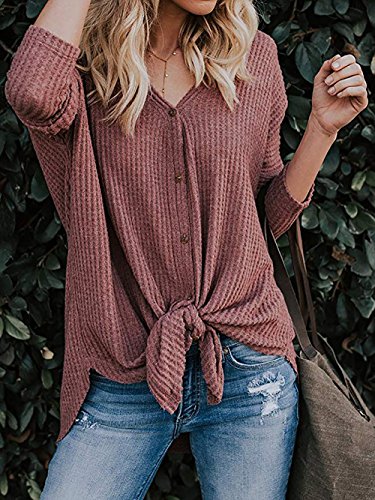 Chvity Womens Long Sleeve Henley Shirts Knit Ribbed Button Down Comfy Tops Blouses (Medium, Rust Red)