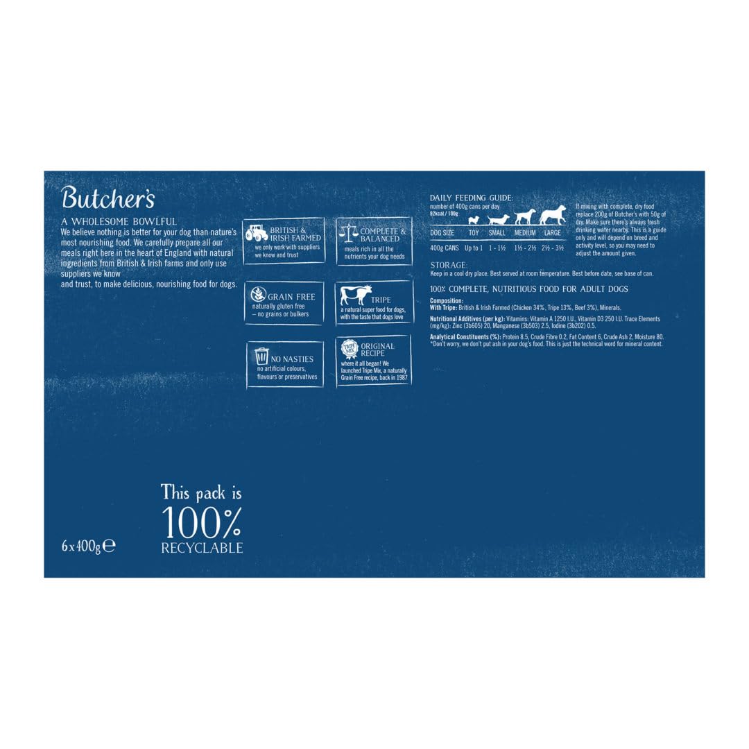 BUTCHER'S Aliments humides pour chiens en conserve sans céréales mélange de tripes 9,6 kg (24 x 400 g)