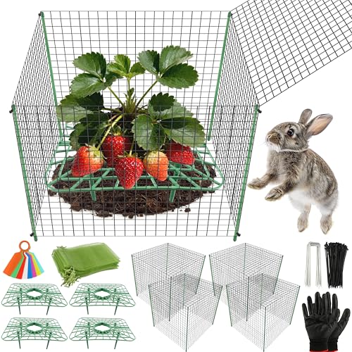 Fayoo 4 Pack Strawberry Supports with Plant Protectors from Animals, 20 Pcs Wire Plant Cage 12x12Inch Mesh Plant Cover with Iron Plant Nails, Organza Bags for Garden Strawberry Vegetables