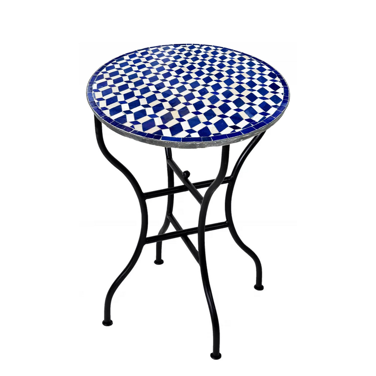 Marrakech Mesa de mosaico marroquí redonda, 60 cm de diámetro, plegable, hecha a mano, de Marruecos, mesa de bistró, jardín, balcón, terraza, mesa de jardín con mosaico, Moro azul y blanco, mesa
