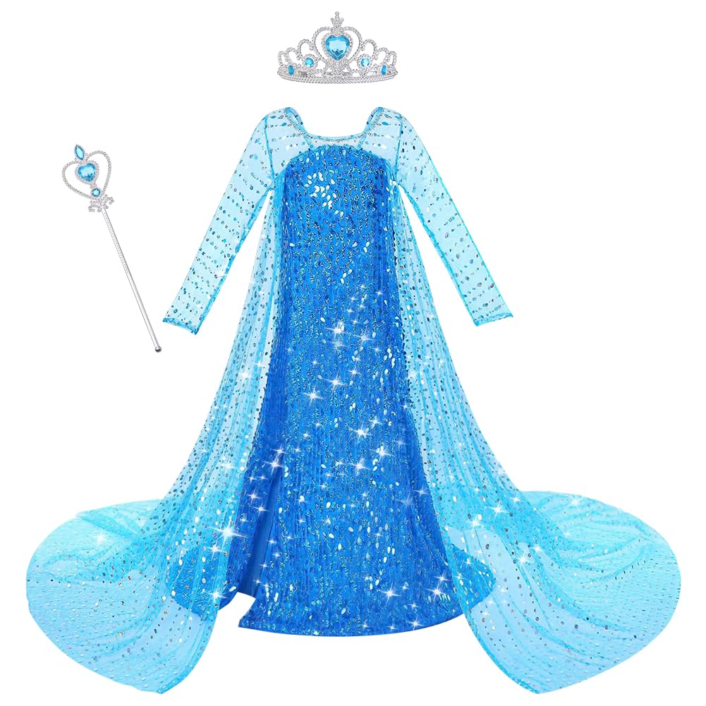 ACWOO Costume Elsa, costume da principessa bambina con accessori per corona e bacchetta di Elsa, abiti principessa Elsa con paillettes lussuose, costume bambina Halloween Cosplay compleanno carnevale
