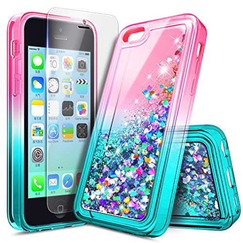 iPhone 5C Case with Screen Protector HD Clear for Girls Kids Women, NageBee Glitter Liquid Quicksand Waterfall Floating Flowing Sparkle Shiny Bling Diamond Cute Case for iPhone 5C -Pink/Aqua