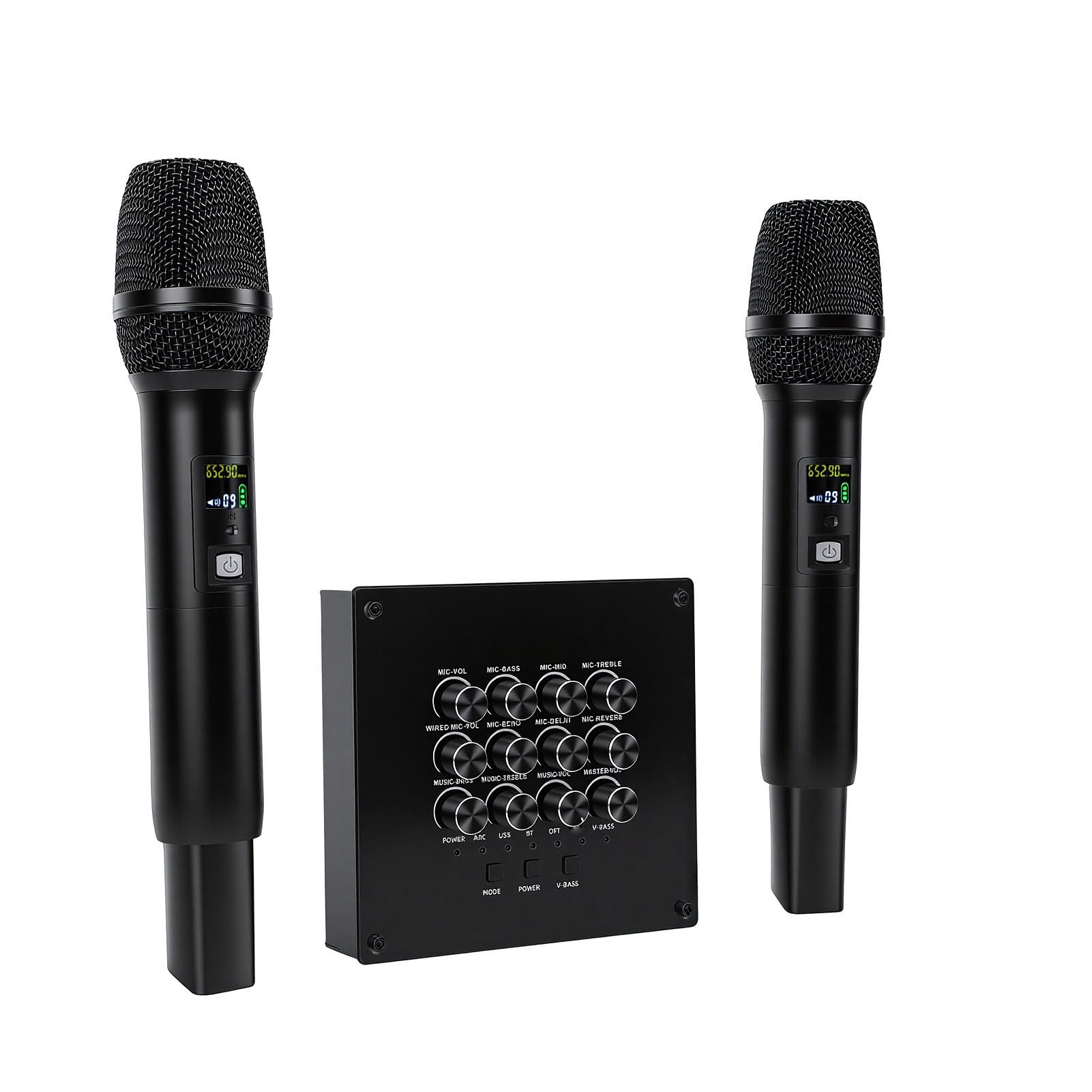 SENECESLI Bezprzewodowy System Mikrofonowy, Profesjonalny Podwójny Mikrofon do Karaoke UHF ze Zintegrowanym Korektorem, Krystalicznie Czysty Dźwięk, Bezprzewodowa Konstrukcja dla Karty