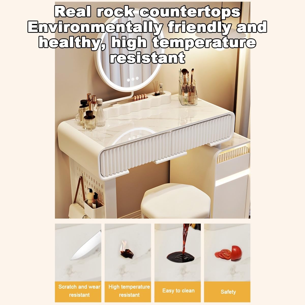 White Dressing Table Set,with Adjustable 3 Color LED Lights with Drawers Door Storage Cabinet Girls Makeup Table,Cushioned Stool,Modern Vanity Desk for Girls Bedroom Furniture(19in/50cm)