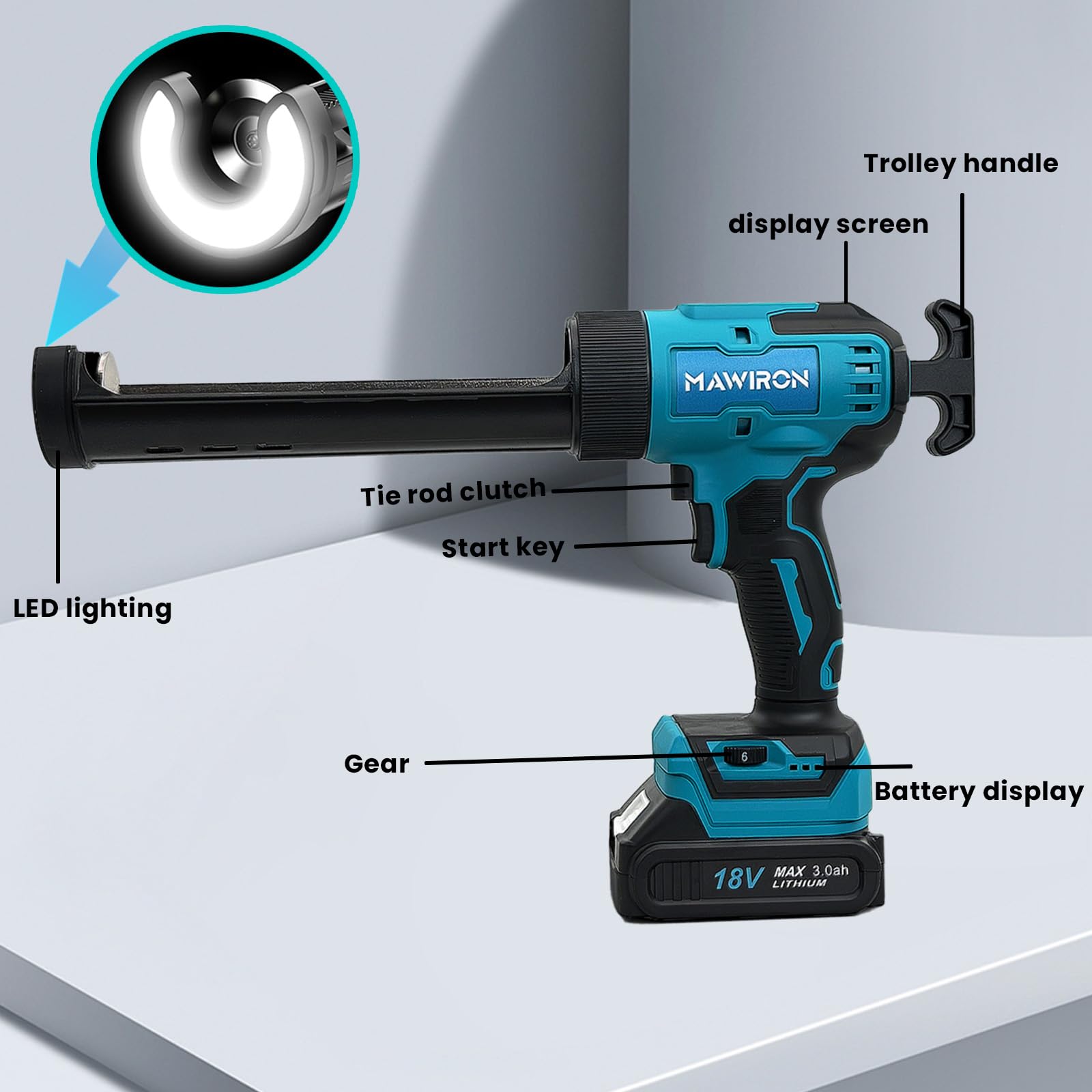 Prensa de cartuchos de batería, compatible con baterías Makita de 18 V, pistola de calafateo eléctrica con antigoteo, luz LED, 6 velocidades, pistola de silicona, batería para cartuchos de 300-310 ml