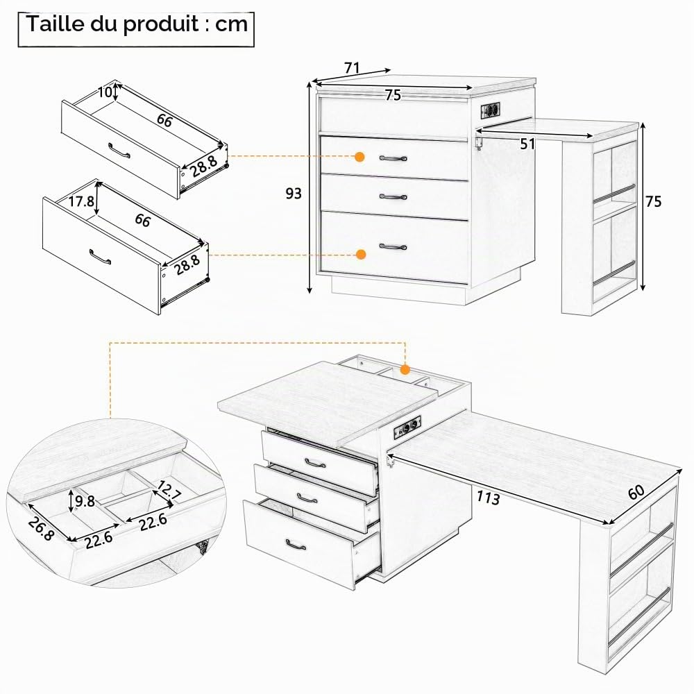 Sapgaks Table de Bar,Îlot de Cuisine sur roulettes,Table à Manger Extensible avec éclairage LED, Table de Cuisine avec multiprises, Sert d'îlot de Cuisine, de Buffet ou de Table de Bar (Blanc-2)