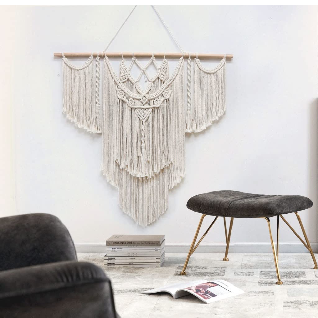 Tapices Macramé Tapiz de Pared nórdico Creativo, Colgante Decorativo de Pared Tejido a Mano con Hilo de algodón y Palo de Madera