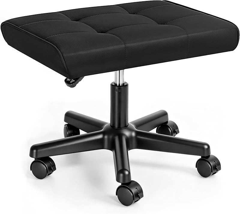 Footrest Under Desk Leg Rest Ottoman Adjustable Height Foot Stool (Black) | PU Ergonomic Foot Rest with Wheels Leather Footrest for Home Office, Large