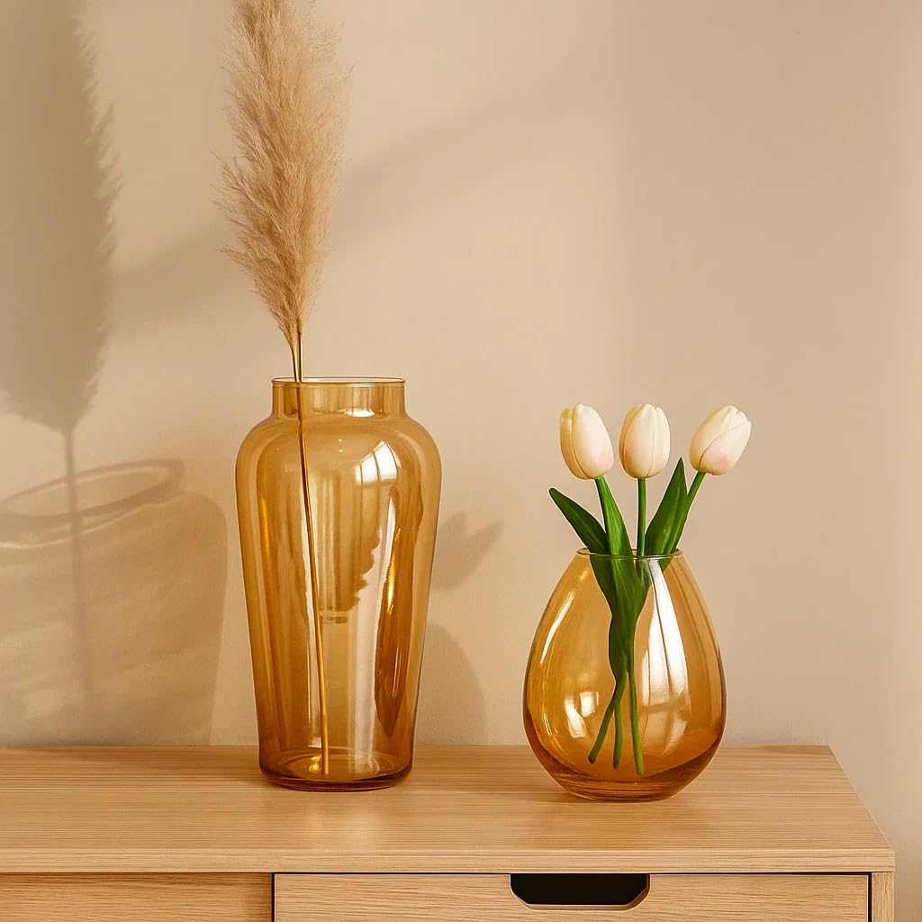 SPHINX Home Decor Glass Vase Set | Amber Gold Flower Vases for Table Decor, Living Room, Centrepiece Styling, Hotels & Gifting | Tall + Rounded Vase Combo (Pack of 2)