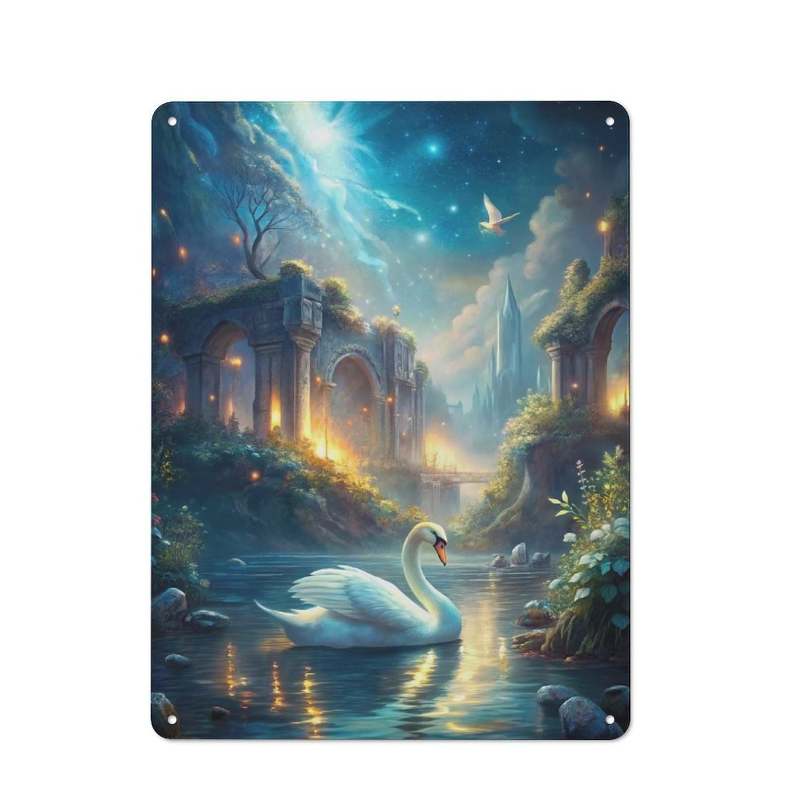 Junmoney Swan In Fantasy Landscape With Ruins Warehouse Style Metal Wall Decor 40X30cm, Tin Wall Sign For Modern Home, Workshop, Office Or Cafe