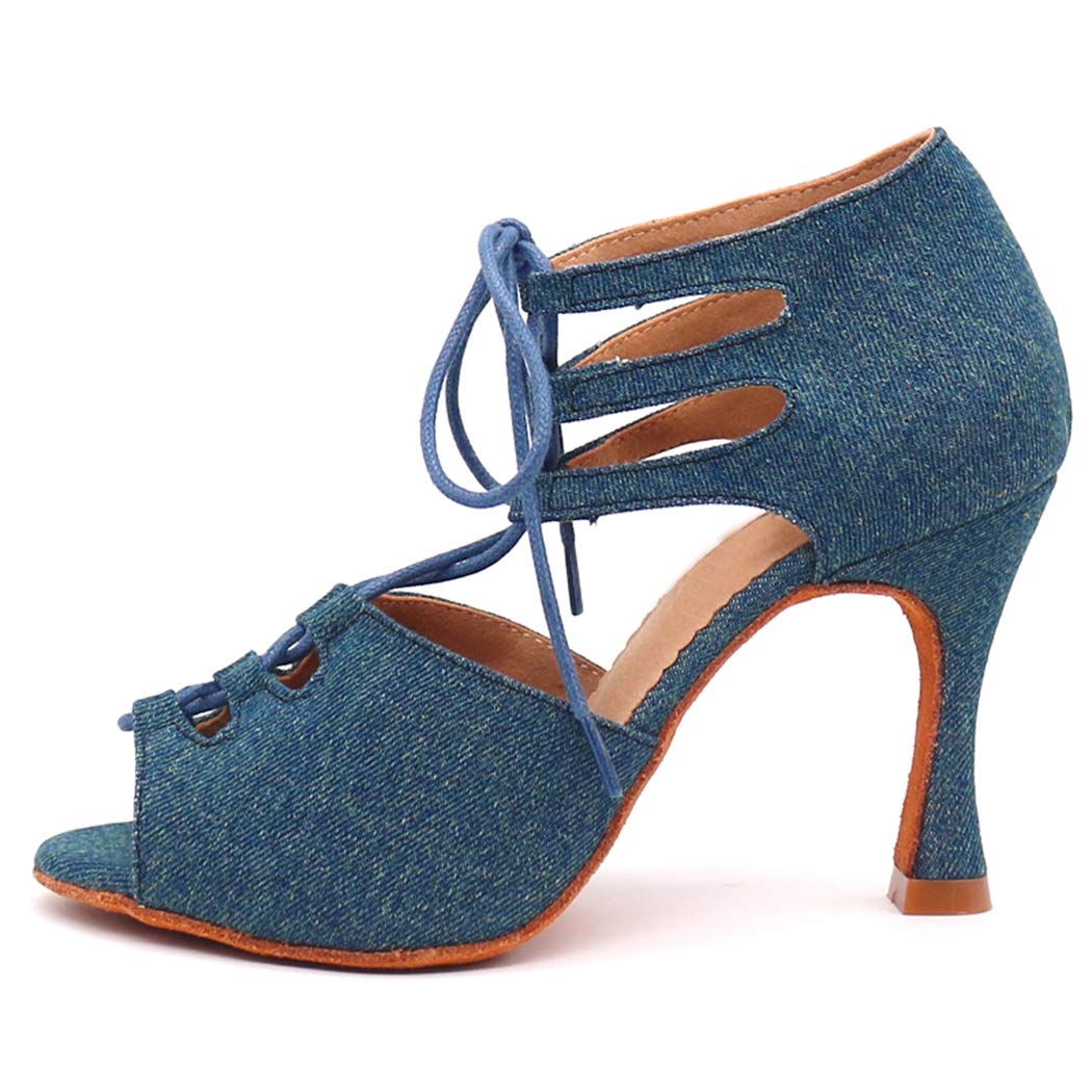 TDA Women's Sexy Lace-up Peep Toe Blue Denim Salsa Tango Ballroom Latin Dance Shoes 7 M US
