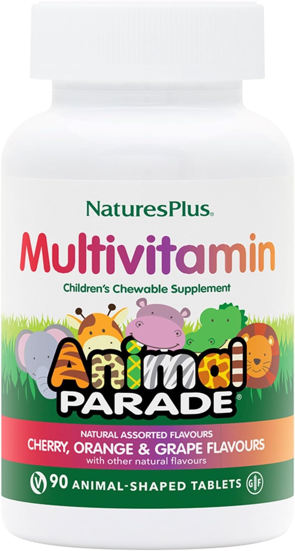 NaturesPlus Animal Parade Children’s Multivitamin - Natural Assorted, Cherry, Orange, and Grape Flavours, Chewable Animal Shaped Tablets - Gluten Free (90, Assorted Flavours)