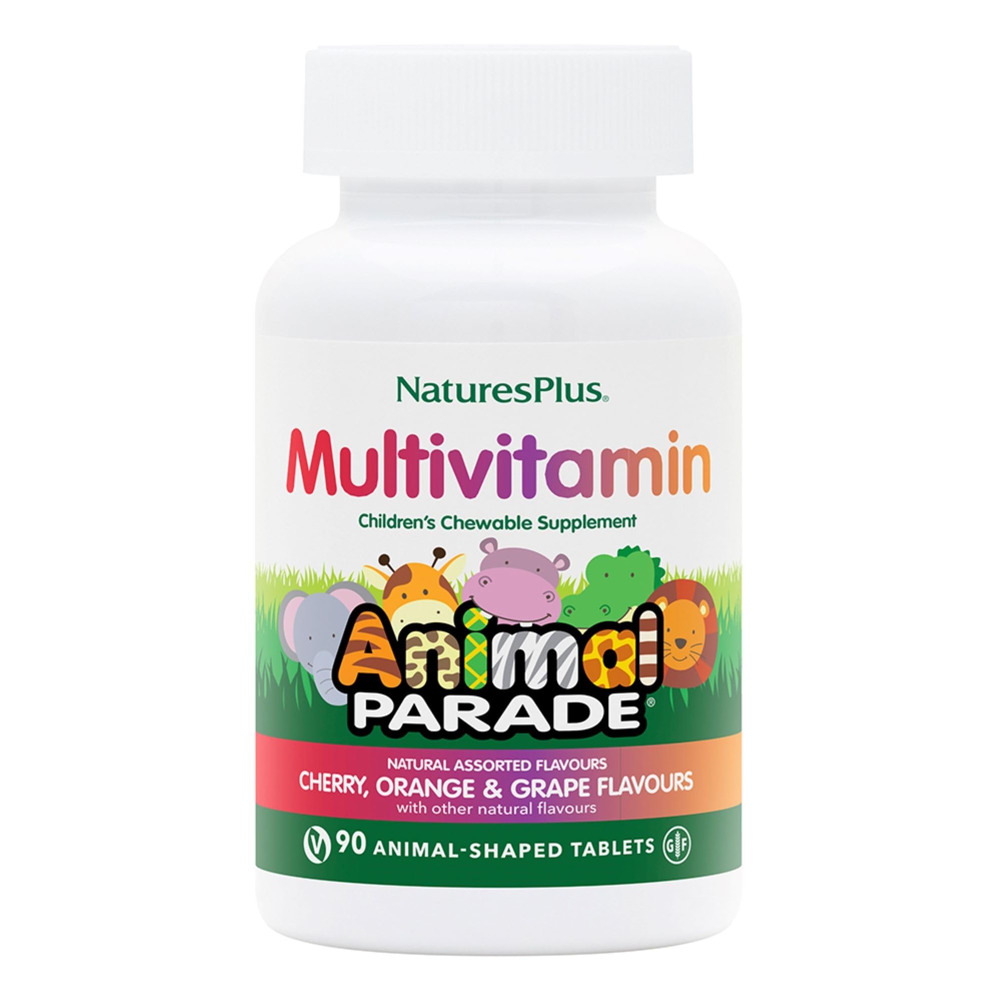 NaturesPlus Animal Parade Children’s Multivitamin - Natural Assorted, Cherry, Orange, and Grape Flavours, Chewable Animal Shaped Tablets - Gluten Free (90, Assorted Flavours)