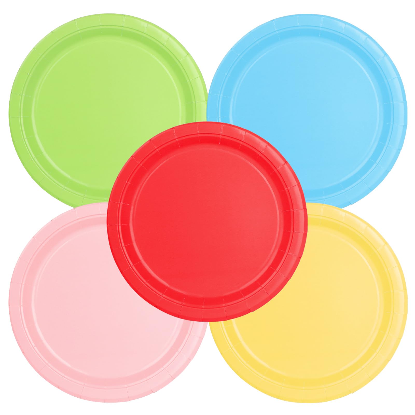 50 Pcs 9" Multi-Color Paper Plates for Dinner and Dessert, Disposable Plates Party Supplies Pack for Graduation Holiday Wedding Birthday Party Decorations (Red Yellow Blue Green Pink)