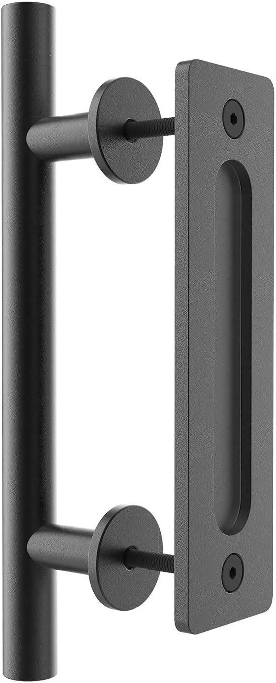 12" Sliding Barn Door Handle Pull and Flush Hardware Set, for Barn Door Gates Garages Sheds, Rustic Style, Black Round