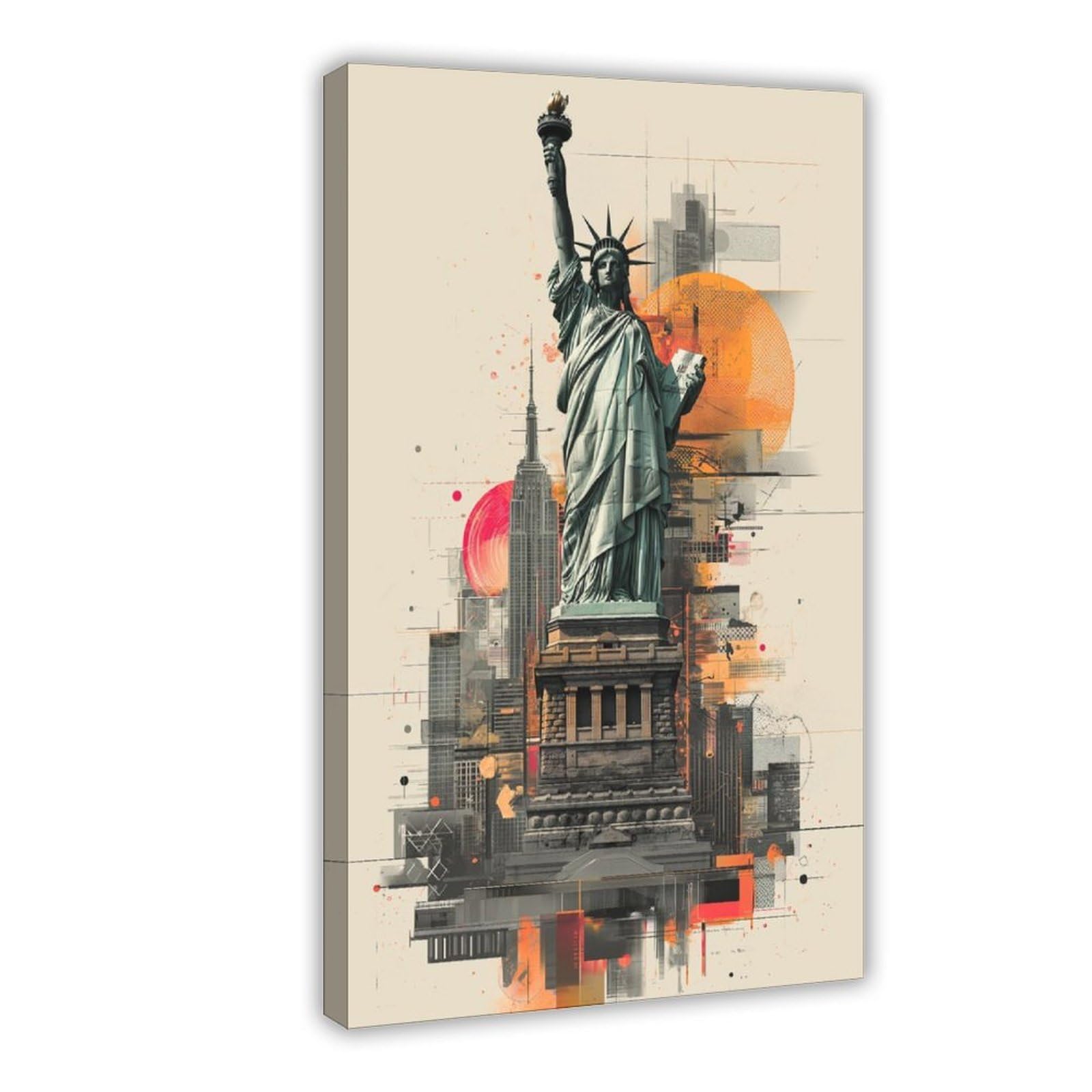 ACFTAIN Liberty Is Glow New York Skyline Shining behind The Iconic Statue of Freedom Canvas Wall Art Posters And Prints Room Aesthetic Bedroom Office Decor 12x18inch(30x45cm)
