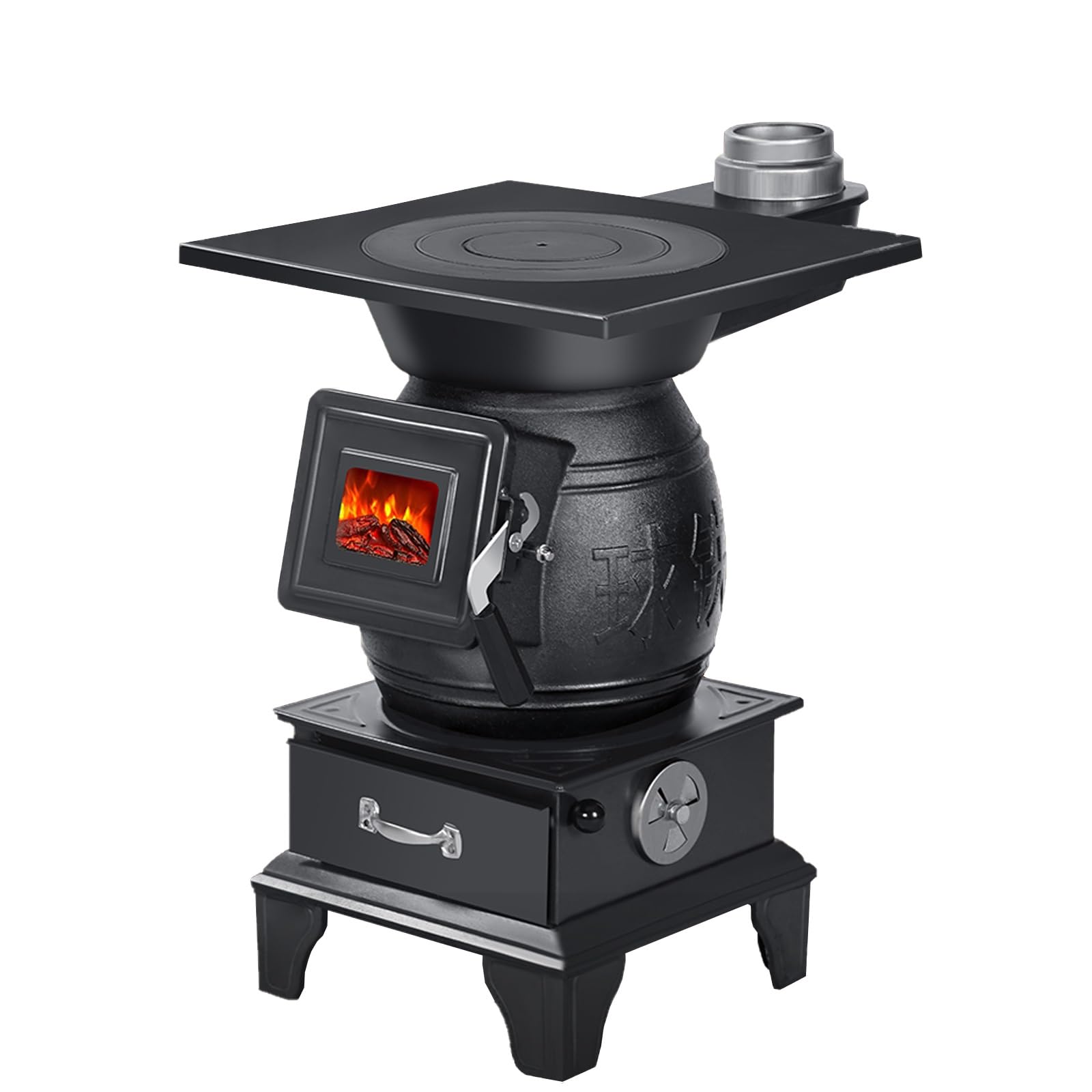 Stufa A Legna In Ghisa, Stufa A Pellet Slim Con Cassetto Raccogli Cenere E Tirante Anti-Perdita For Cucinare, Far Bollire L'Acqua, Riscaldare