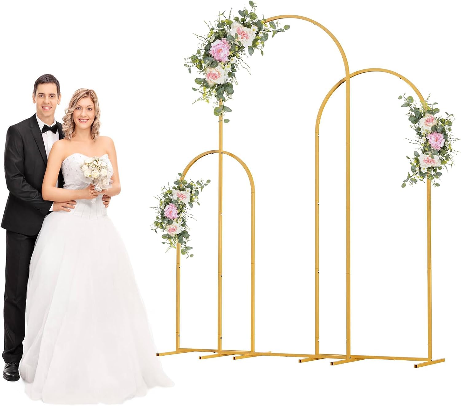 Wedding Arch Backdrop Stand, Set of 3, Metal Stable Stand with Case Connection & Chassis Crossbar Design, Easy-to-Assemble Gold Stand with Premium Metal, Fit for Birthday, Celebration, Holiday