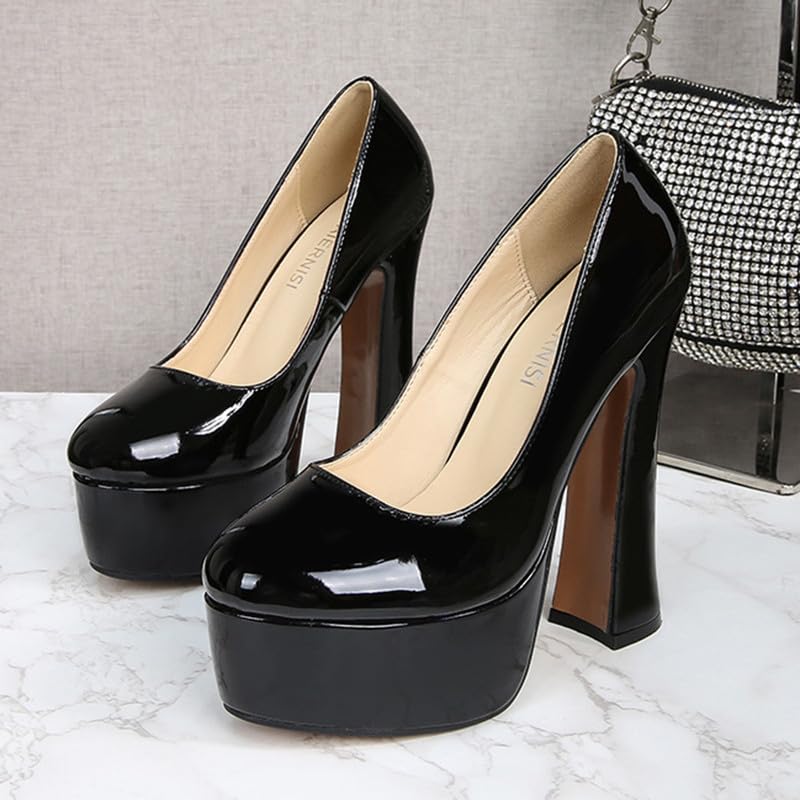 Unisex Men's Women's Round Toe Slip On Casual Platform Patent Block High Heel Pumps Shoes2