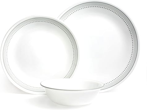 Corelle Dinnerware Set 12pc Set, Mystic Grey-Dinner Set for 4 Includes 4 x Dinner Plates, Side Plates & Bowls 3 X More Durable, Half The Space & Weight of Ceramic up to 80% Recycled Glass, 1146820