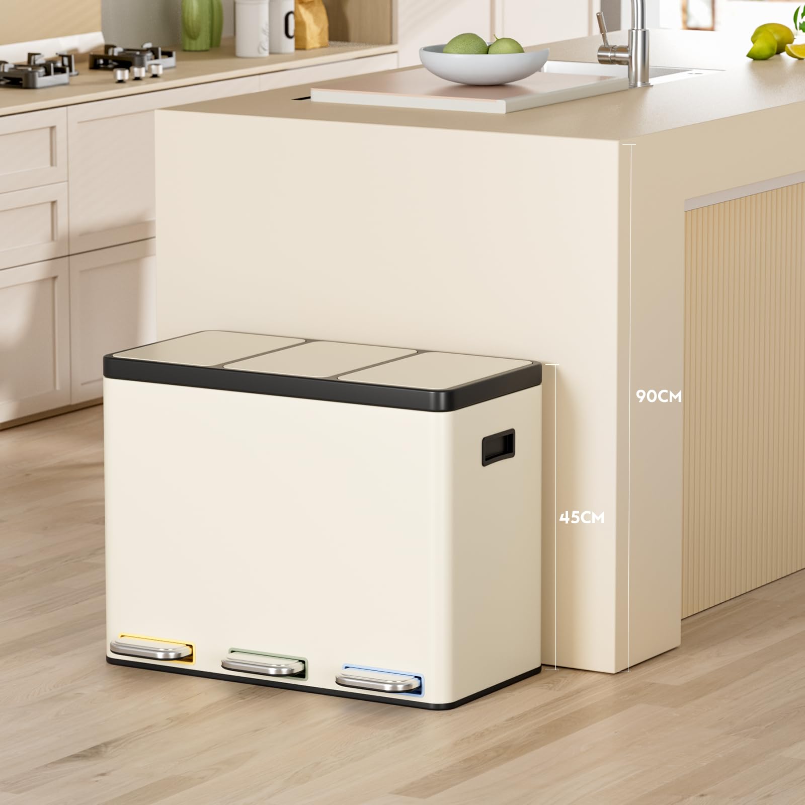 Clevich Mülltrennsystem 3×15L aus Stahl, Mülleimer 3 Fächer mit farbcodierten Pedalen, Abfalleimer mit Soft-Close-Deckeln und Inneneimern, Beige