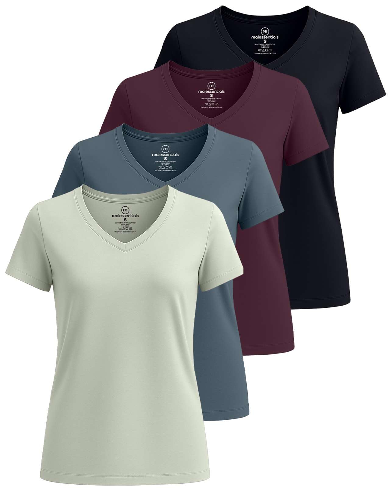 Real Essentials 4 Pack: Women's Classic-Fit Cotton Short-Sleeve V-Neck T-Shirt (Available in Plus Size)