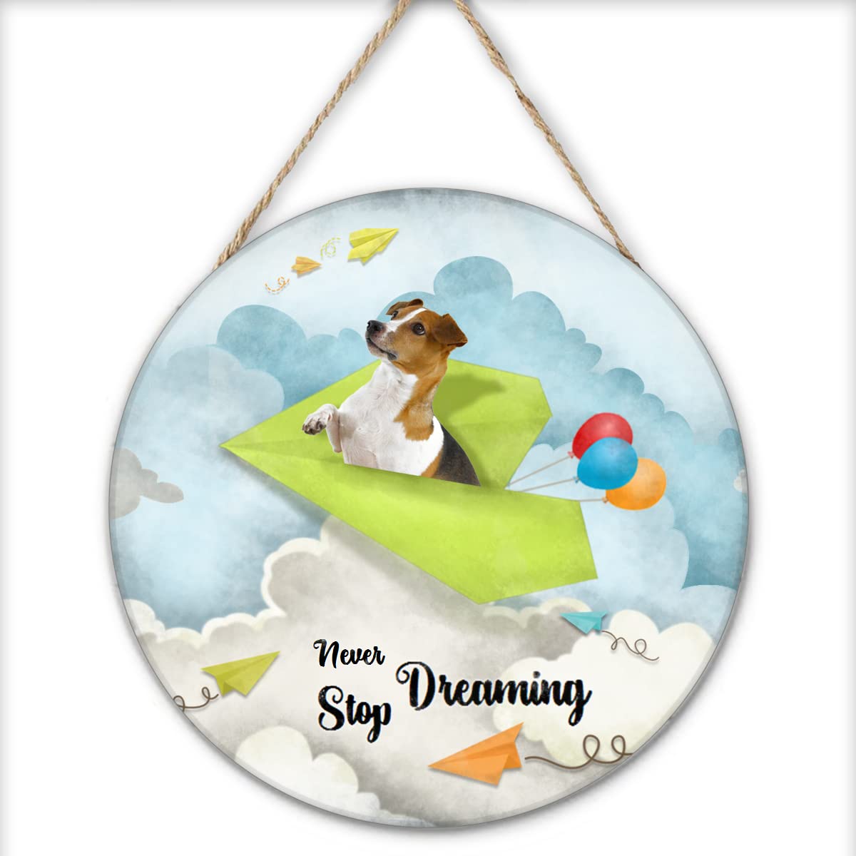 Finamille Inspirational Wall Art -Never Stop Dreaming,Beagle Dogs Shabby Chic Round Sign for Kid's Bedroom Classroom Nursery 12x12 Inches Wooden Door Hanger