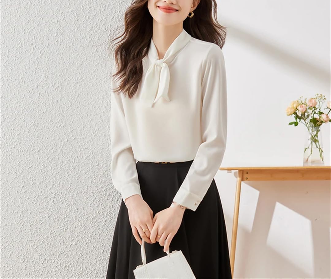 Pullover a maniche lunghe da donna Slim Bowknot Satin Top Bianco, bianco, M