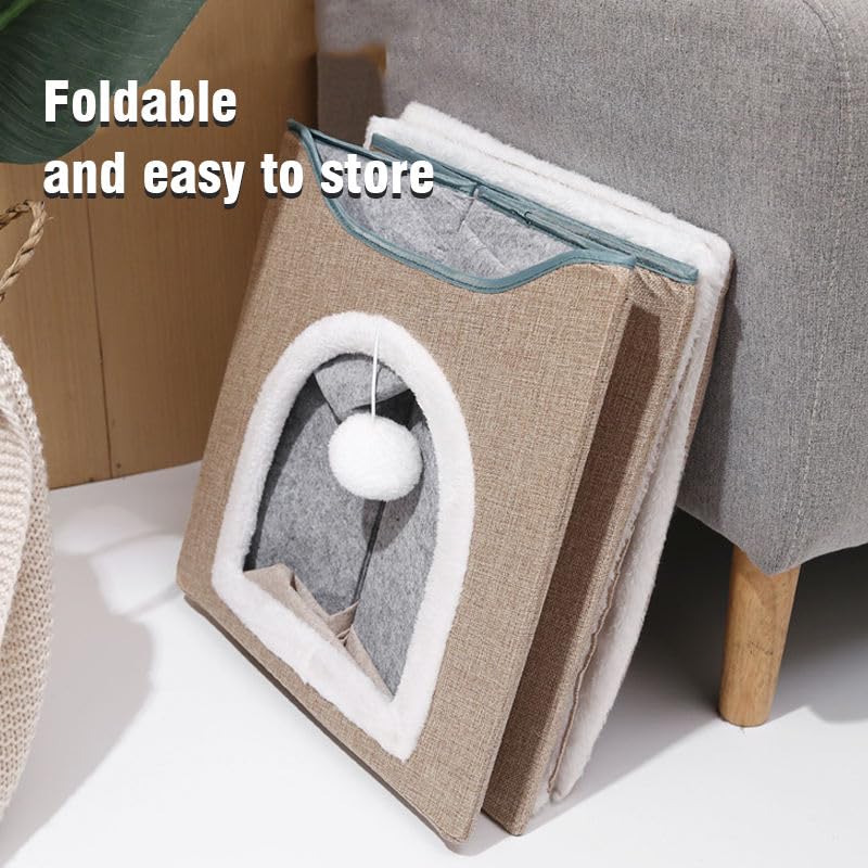 منزل مكعب القطط القابل للطي من السا اس ايه - مخبأ داخلي مع وسادة خدش وكرة ناعمة معلقة وخدش من السيزال - أسرّة كهف كبيرة للقطط، مأوى دافئ للحيوانات الأليفة - 39 × 39 × 33 سم