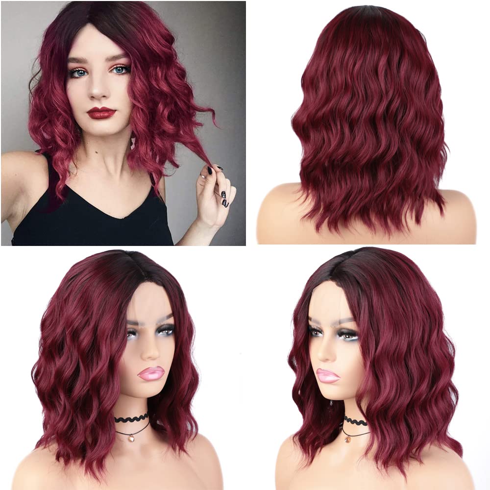 Airimori Dark Brown Short wavy wigs for women loose wave bob wig Middle Part Lace Front Wig For all Skin Shoulder Length wigs 15.7 inches